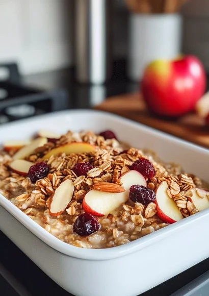 Bowl of apple cinnamon oatmeal topped with fresh apple slices and spices