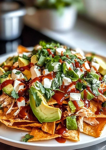Delicious BBQ Chicken Nachos with melted cheese and toppings on a platter