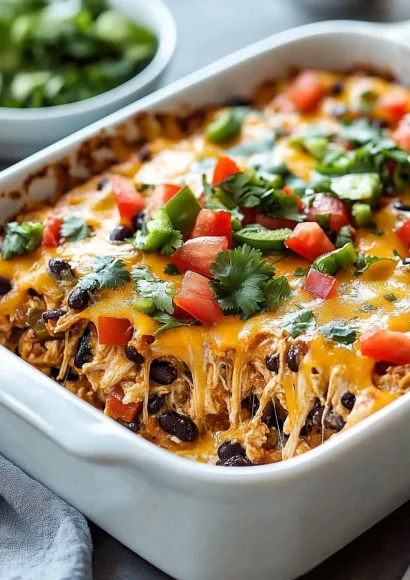 Delicious Chicken Enchilada Casserole served in a baking dish