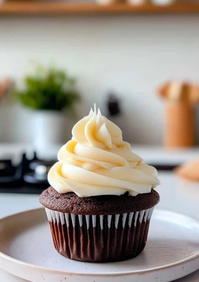 Creamy vanilla buttercream frosting on a cupcake