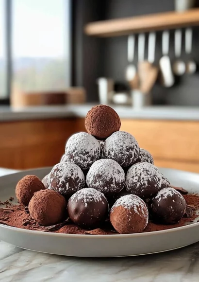 A platter of decadent chocolate truffles, beautifully arranged and drizzled with cocoa.