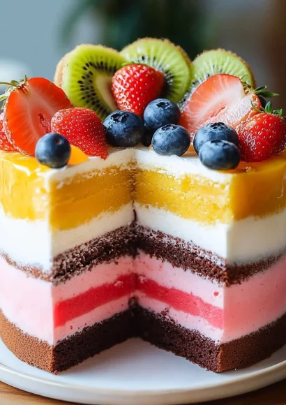 Delicious Hawaiian birthday cake layers decorated with tropical fruits