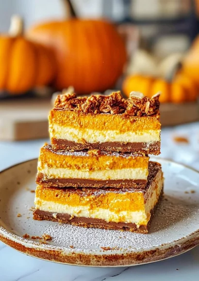 Delicious pumpkin cheesecake bars topped with a swirl of creamy filling.