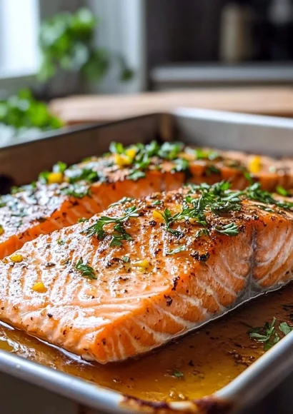 Oven baked salmon served with lemon and herbs for a healthy meal