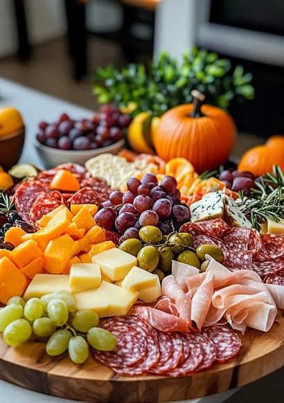 Spooktacular Halloween charcuterie board with themed snacks and decorations