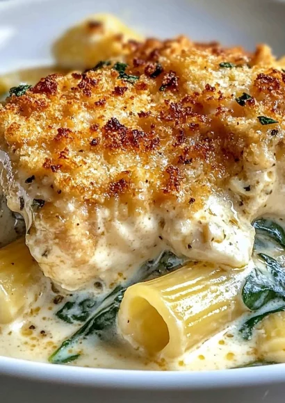 Delicious stuffed chicken served with spinach rigatoni dish on a plate