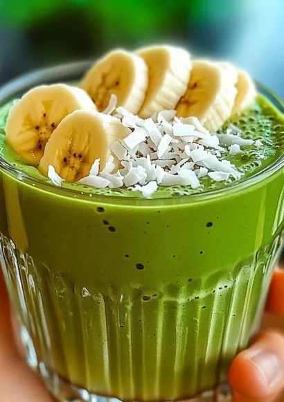 A vibrant green matcha smoothie in a glass with fresh toppings