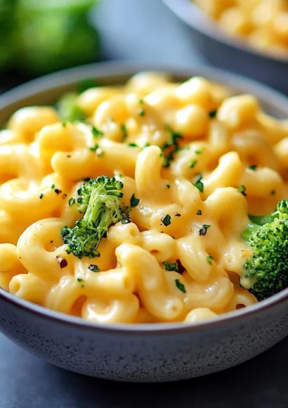 Creamy broccoli pasta dish topped with cheese and garnished with herbs.