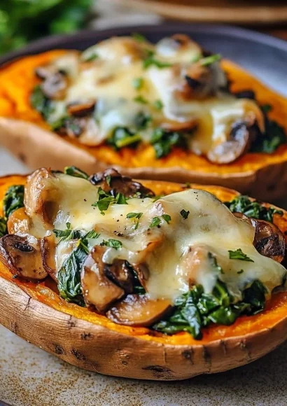 Stuffed sweet potatoes with mushroom and spinach on a plate