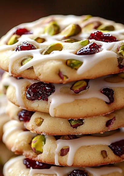 White chocolate drizzled cranberry-pistachio shortbread cookies on a plate